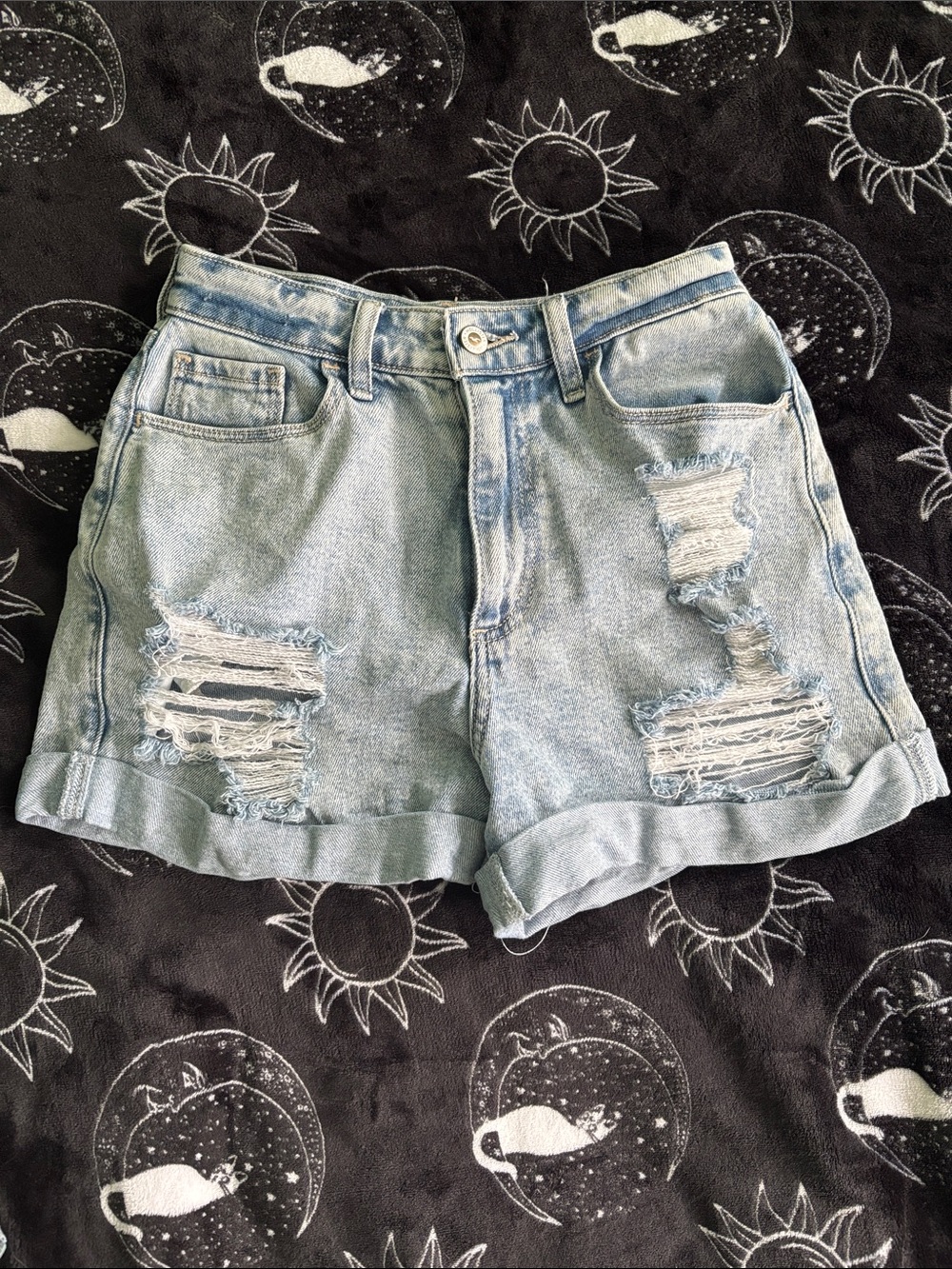 Hollister Light Blue Distressed Rolled Hem Denim Shorts